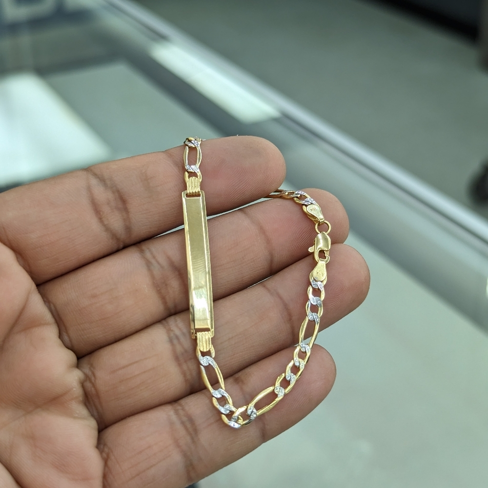 10kt Real Gold Figaro Diamond Cut ID Bracelet